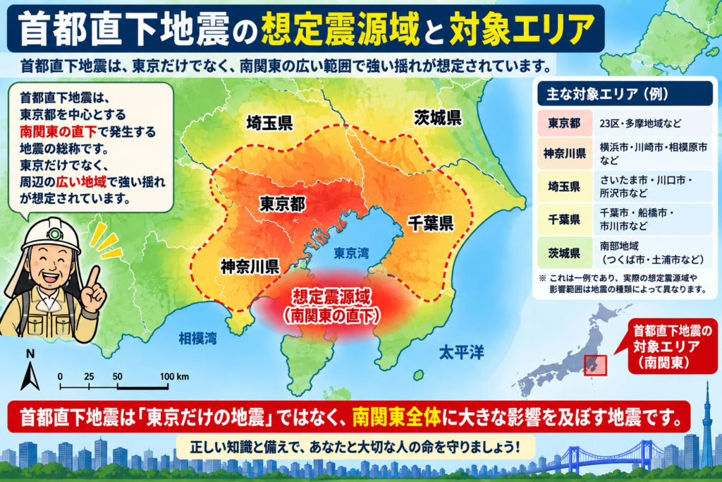 首都直下地震の想定震源域と南関東の対象エリアを示す図