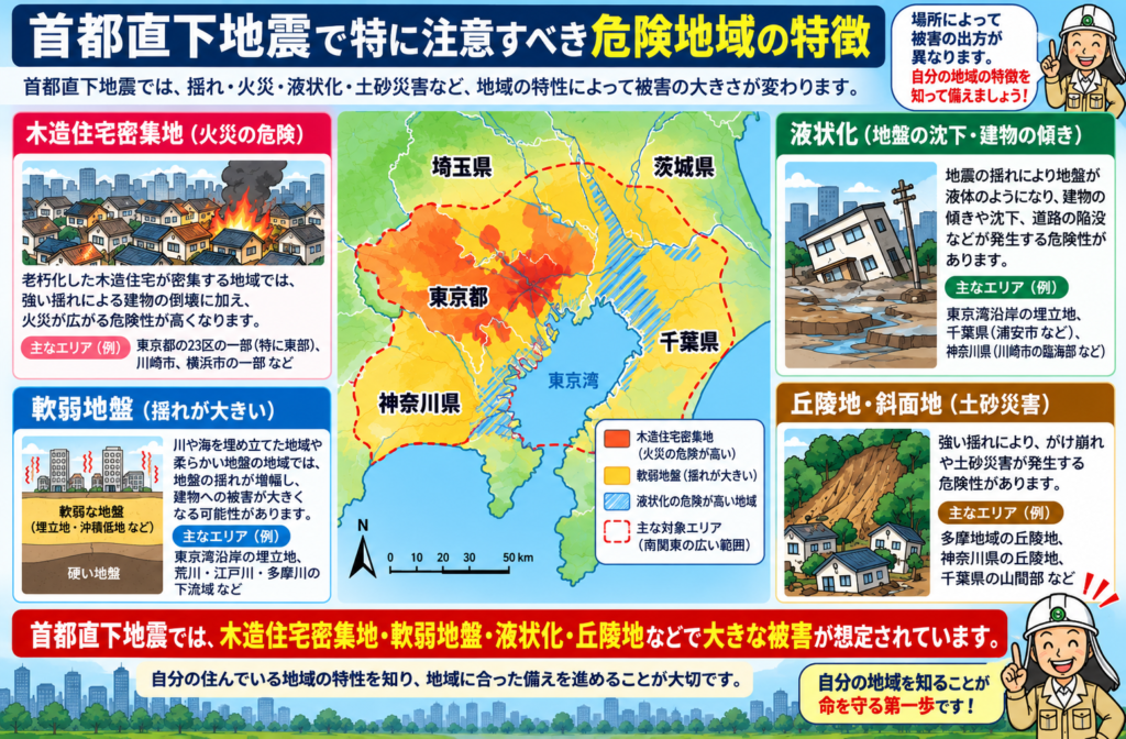首都直下地震で注意すべき木造住宅密集地・軟弱地盤・液状化・丘陵地の特徴