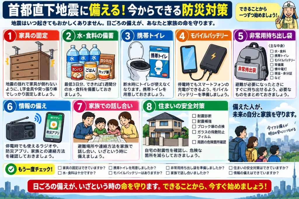 首都直下地震に備える家具固定・水・食料・携帯トイレ・モバイルバッテリーなどの防災対策