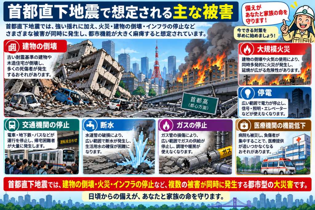 首都直下地震で想定される建物倒壊・大規模火災・停電・断水・交通機関停止などの被害